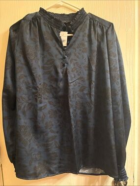 Womens Navy Floral Jacquard Long-Sleeve Shirt